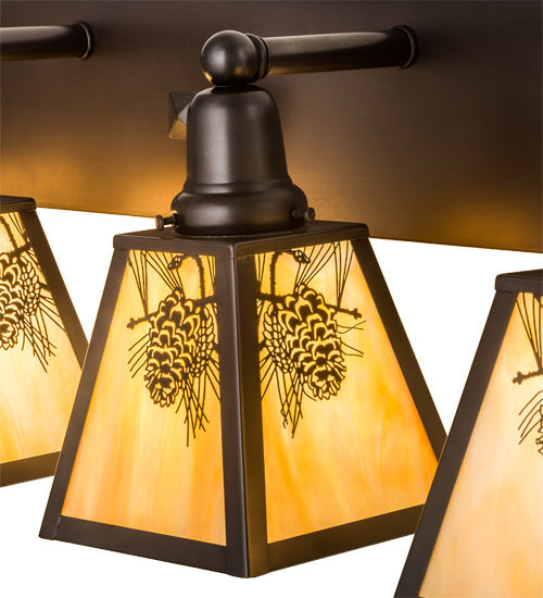 Meyda Lighting Winter Pine 36" 4-Light Craftsman Brown Vanity Light With Beige Iridescent Shade Glass