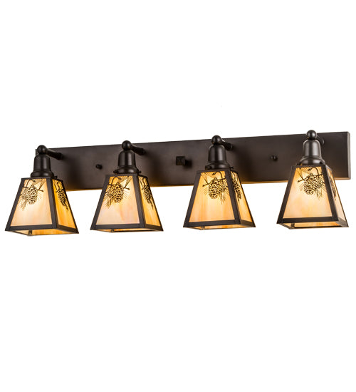 Meyda Lighting Winter Pine 36" 4-Light Craftsman Brown Vanity Light With Beige Iridescent Shade Glass