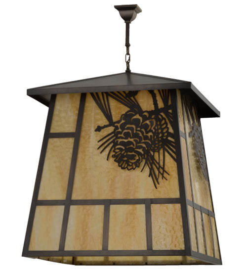 Meyda Lighting Winter Pine 43" 4-Light Craftsman Brown Pendant Light With Beige Shade Glass