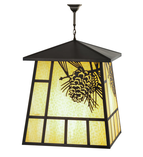 Meyda Lighting Winter Pine 43" 4-Light Craftsman Brown Pendant Light With Beige Shade Glass