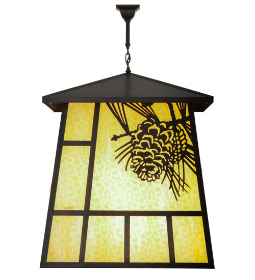 Meyda Lighting Winter Pine 43" 4-Light Craftsman Brown Pendant Light With Beige Shade Glass