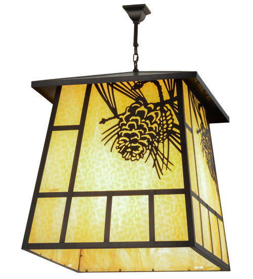 Meyda Lighting Winter Pine 43" 4-Light Craftsman Brown Pendant Light With Beige Shade Glass