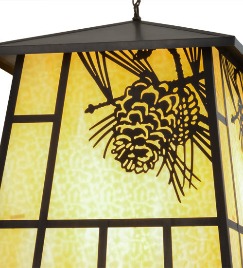 Meyda Lighting Winter Pine 43" 4-Light Craftsman Brown Pendant Light With Beige Shade Glass