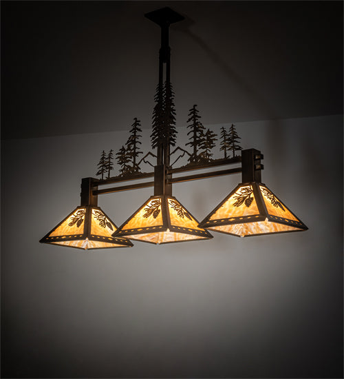 Meyda Lighting Winter Pine 45" 3-Light Antique Copper Tall Pines Island Pendant Light With Beige Shade Glass