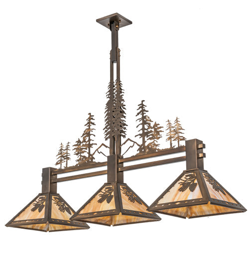Meyda Lighting Winter Pine 45" 3-Light Antique Copper Tall Pines Island Pendant Light With Beige Shade Glass