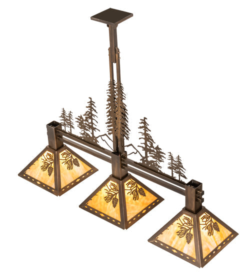 Meyda Lighting Winter Pine 45" 3-Light Antique Copper Tall Pines Island Pendant Light With Beige Shade Glass