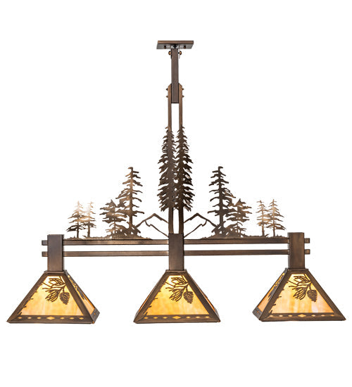 Meyda Lighting Winter Pine 45" 3-Light Antique Copper Tall Pines Island Pendant Light With Beige Shade Glass