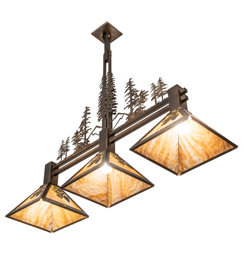 Meyda Lighting Winter Pine 45" 3-Light Antique Copper Tall Pines Island Pendant Light With Beige Shade Glass