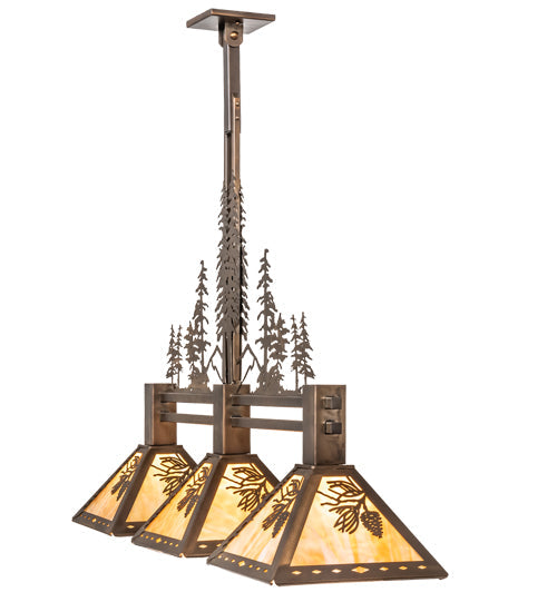 Meyda Lighting Winter Pine 45" 3-Light Antique Copper Tall Pines Island Pendant Light With Beige Shade Glass