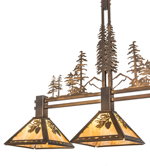 Meyda Lighting Winter Pine 45" 3-Light Antique Copper Tall Pines Island Pendant Light With Beige Shade Glass