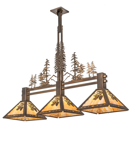 Meyda Lighting Winter Pine 45" 3-Light Antique Copper Tall Pines Island Pendant Light With Beige Shade Glass