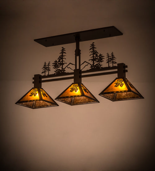 Meyda Lighting Winter Pine 45" 3-Light Mahogany Bronze Tall Pines Island Pendant Light With Amber Mica Shade Glass