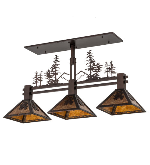 Meyda Lighting Winter Pine 45" 3-Light Mahogany Bronze Tall Pines Island Pendant Light With Amber Mica Shade Glass