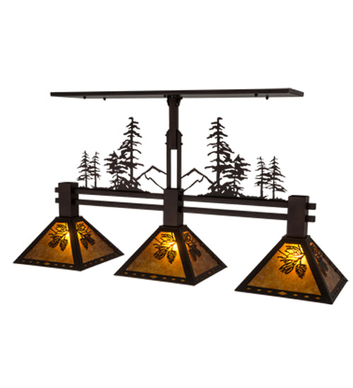 Meyda Lighting Winter Pine 45" 3-Light Mahogany Bronze Tall Pines Island Pendant Light With Amber Mica Shade Glass