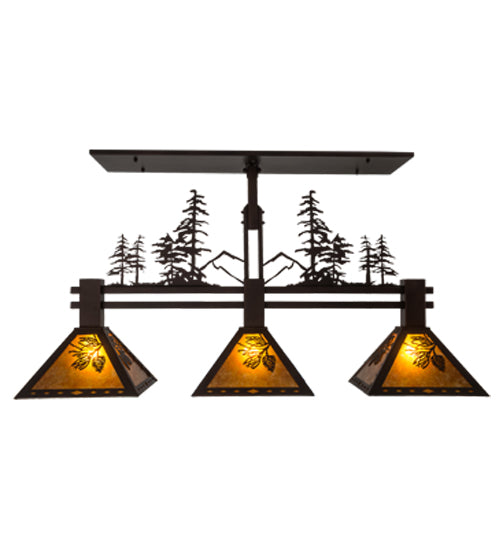 Meyda Lighting Winter Pine 45" 3-Light Mahogany Bronze Tall Pines Island Pendant Light With Amber Mica Shade Glass