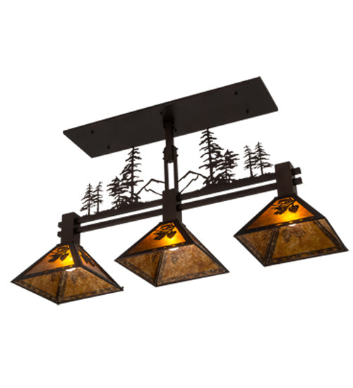 Meyda Lighting Winter Pine 45" 3-Light Mahogany Bronze Tall Pines Island Pendant Light With Amber Mica Shade Glass