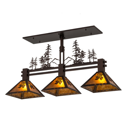 Meyda Lighting Winter Pine 45" 3-Light Mahogany Bronze Tall Pines Island Pendant Light With Amber Mica Shade Glass