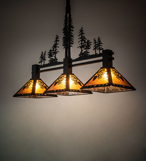 Meyda Lighting Winter Pine 45" 3-Light Oil Rubbed Bronze Island Pendant Light With Amber Mica Shade Glass