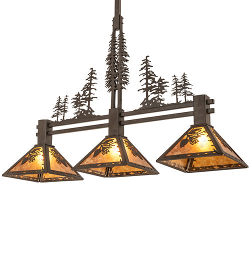 Meyda Lighting Winter Pine 45" 3-Light Oil Rubbed Bronze Island Pendant Light With Amber Mica Shade Glass