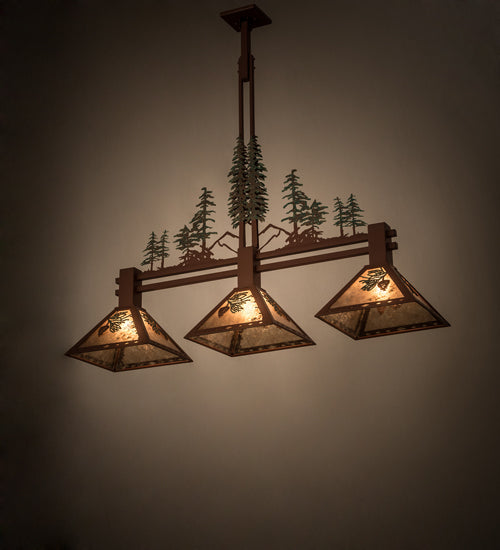 Meyda Lighting Winter Pine 45" 3-Light Rust & Green Trees Tall Pines Island Pendant Light With Silver Mica Shade Glass