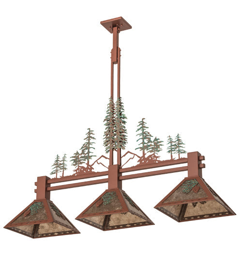 Meyda Lighting Winter Pine 45" 3-Light Rust & Green Trees Tall Pines Island Pendant Light With Silver Mica Shade Glass