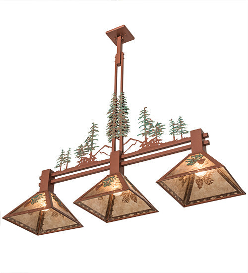 Meyda Lighting Winter Pine 45" 3-Light Rust & Green Trees Tall Pines Island Pendant Light With Silver Mica Shade Glass