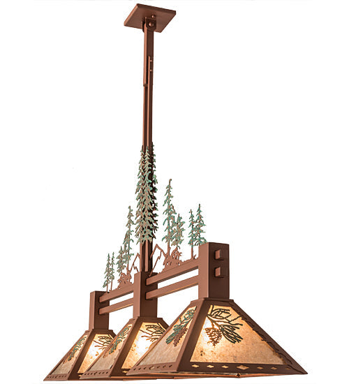 Meyda Lighting Winter Pine 45" 3-Light Rust & Green Trees Tall Pines Island Pendant Light With Silver Mica Shade Glass
