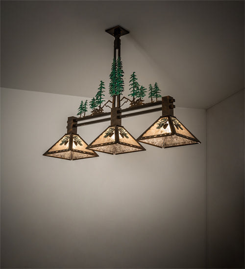 Meyda Lighting Winter Pine 45" 3-Light Vintage Copper & Green Trees Island Pendant Light With Silver Mica Shade Glass
