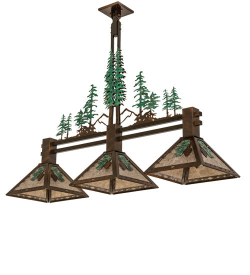 Meyda Lighting Winter Pine 45" 3-Light Vintage Copper & Green Trees Island Pendant Light With Silver Mica Shade Glass