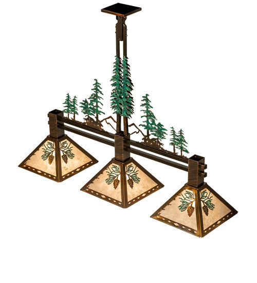 Meyda Lighting Winter Pine 45" 3-Light Vintage Copper & Green Trees Island Pendant Light With Silver Mica Shade Glass
