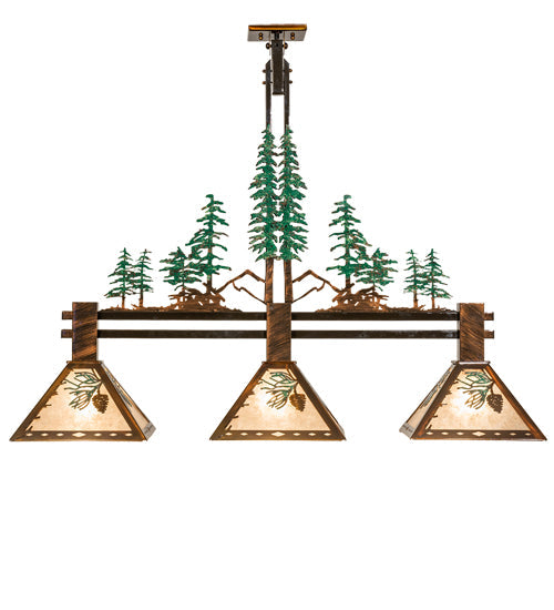 Meyda Lighting Winter Pine 45" 3-Light Vintage Copper & Green Trees Island Pendant Light With Silver Mica Shade Glass