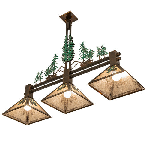 Meyda Lighting Winter Pine 45" 3-Light Vintage Copper & Green Trees Island Pendant Light With Silver Mica Shade Glass
