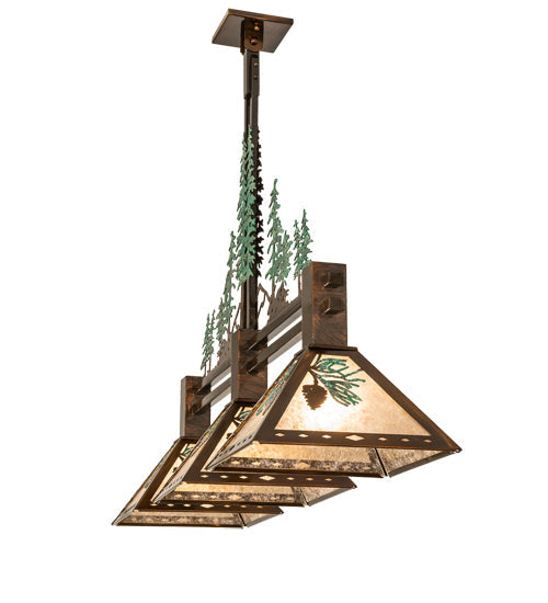 Meyda Lighting Winter Pine 45" 3-Light Vintage Copper & Green Trees Island Pendant Light With Silver Mica Shade Glass
