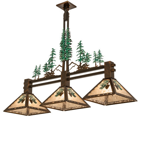 Meyda Lighting Winter Pine 45" 3-Light Vintage Copper & Green Trees Island Pendant Light With Silver Mica Shade Glass