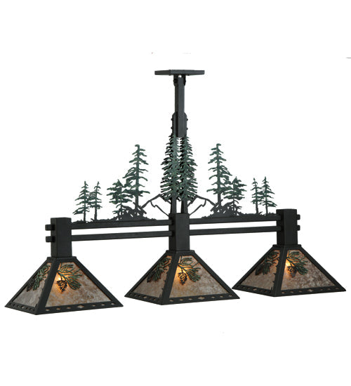Meyda Lighting Winter Pine 45" 3-Light Wrought Iron Island Pendant Light With Silver Mica Shade Glass