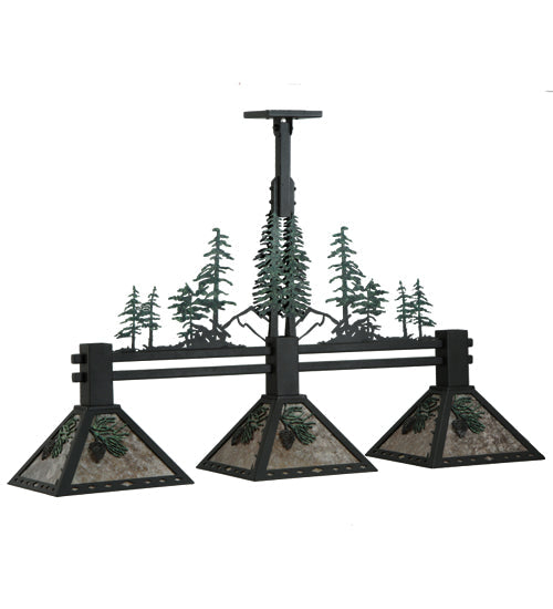 Meyda Lighting Winter Pine 45" 3-Light Wrought Iron Island Pendant Light With Silver Mica Shade Glass