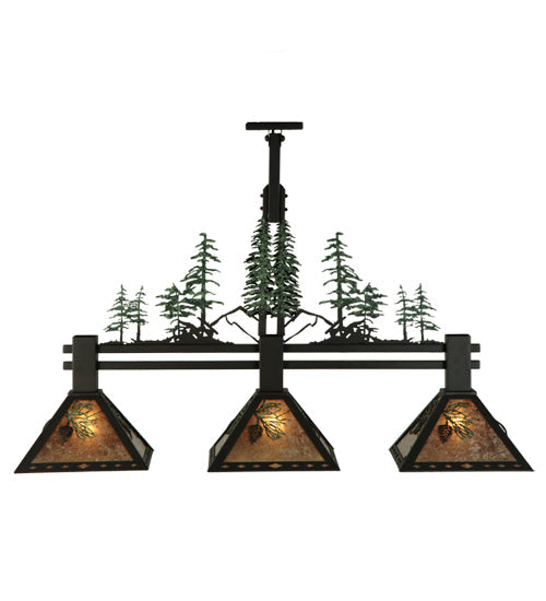 Meyda Lighting Winter Pine 45" 3-Light Wrought Iron Island Pendant Light With Silver Mica Shade Glass