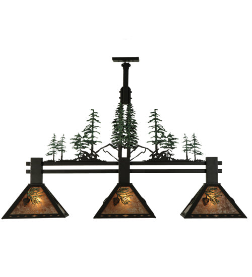 Meyda Lighting Winter Pine 45" 3-Light Wrought Iron Island Pendant Light With Silver Mica Shade Glass