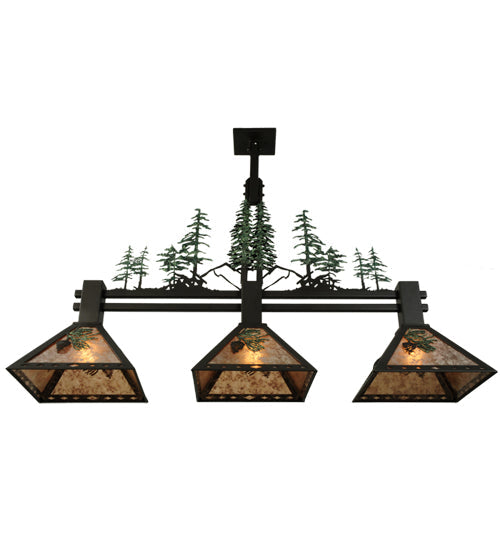 Meyda Lighting Winter Pine 45" 3-Light Wrought Iron Island Pendant Light With Silver Mica Shade Glass