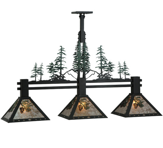 Meyda Lighting Winter Pine 45" 3-Light Wrought Iron Island Pendant Light With Silver Mica Shade Glass
