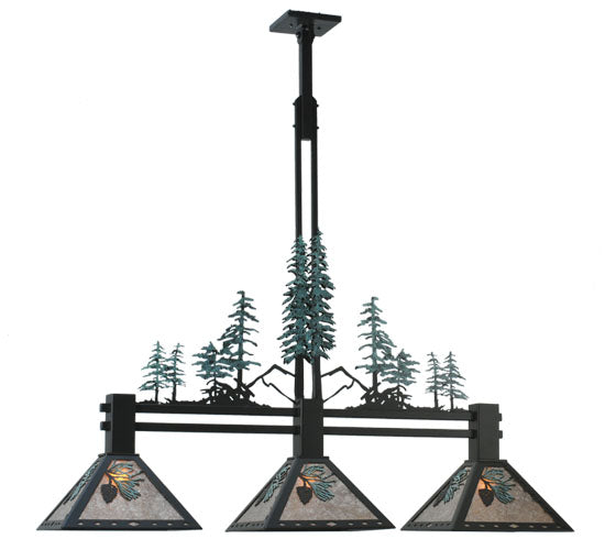 Meyda Lighting Winter Pine 46" 3-Light Textured Black Tall Pines Island Pendant Light With Silver Mica Shade Glass
