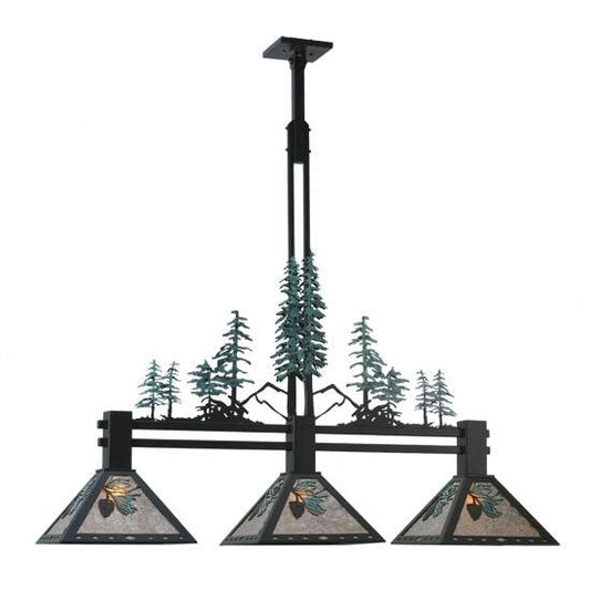 Meyda Lighting Winter Pine 46" 3-Light Textured Black Tall Pines Island Pendant Light With Silver Mica Shade Glass