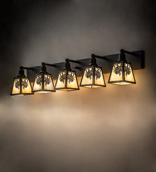 Meyda Lighting Winter Pine 48" 5-Light Craftsman Brown Vanity Light With Beige Iridescent Shade Glass