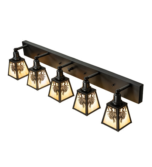 Meyda Lighting Winter Pine 48" 5-Light Craftsman Brown Vanity Light With Beige Iridescent Shade Glass
