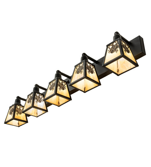 Meyda Lighting Winter Pine 48" 5-Light Craftsman Brown Vanity Light With Beige Iridescent Shade Glass