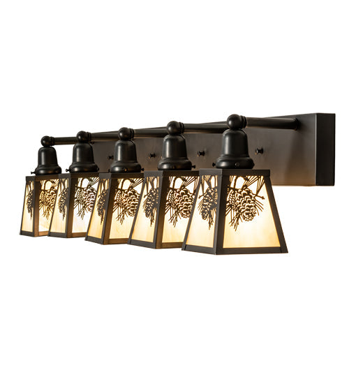 Meyda Lighting Winter Pine 48" 5-Light Craftsman Brown Vanity Light With Beige Iridescent Shade Glass
