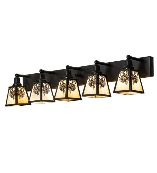 Meyda Lighting Winter Pine 48" 5-Light Craftsman Brown Vanity Light With Beige Iridescent Shade Glass