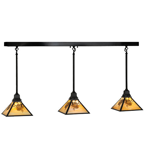 Meyda Lighting Winter Pine 50" 3-Light Craftsman Brown Island Pendant Light With iridescent Shade Glass