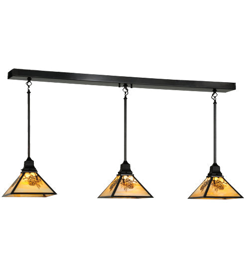 Meyda Lighting Winter Pine 50" 3-Light Craftsman Brown Island Pendant Light With iridescent Shade Glass