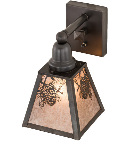 Meyda Lighting Winter Pine 6" Craftsman Brown Solid Mount Wall Sconce With Silver Mica Shade Glass